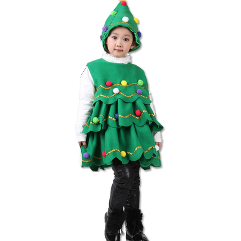 Children Christmas Tree Costume with Hat Set Tiered Wave Hem A-line Ruffle Mini Dress with Balls Teenage Kid Unisex Cosplay Outfit Plus Size