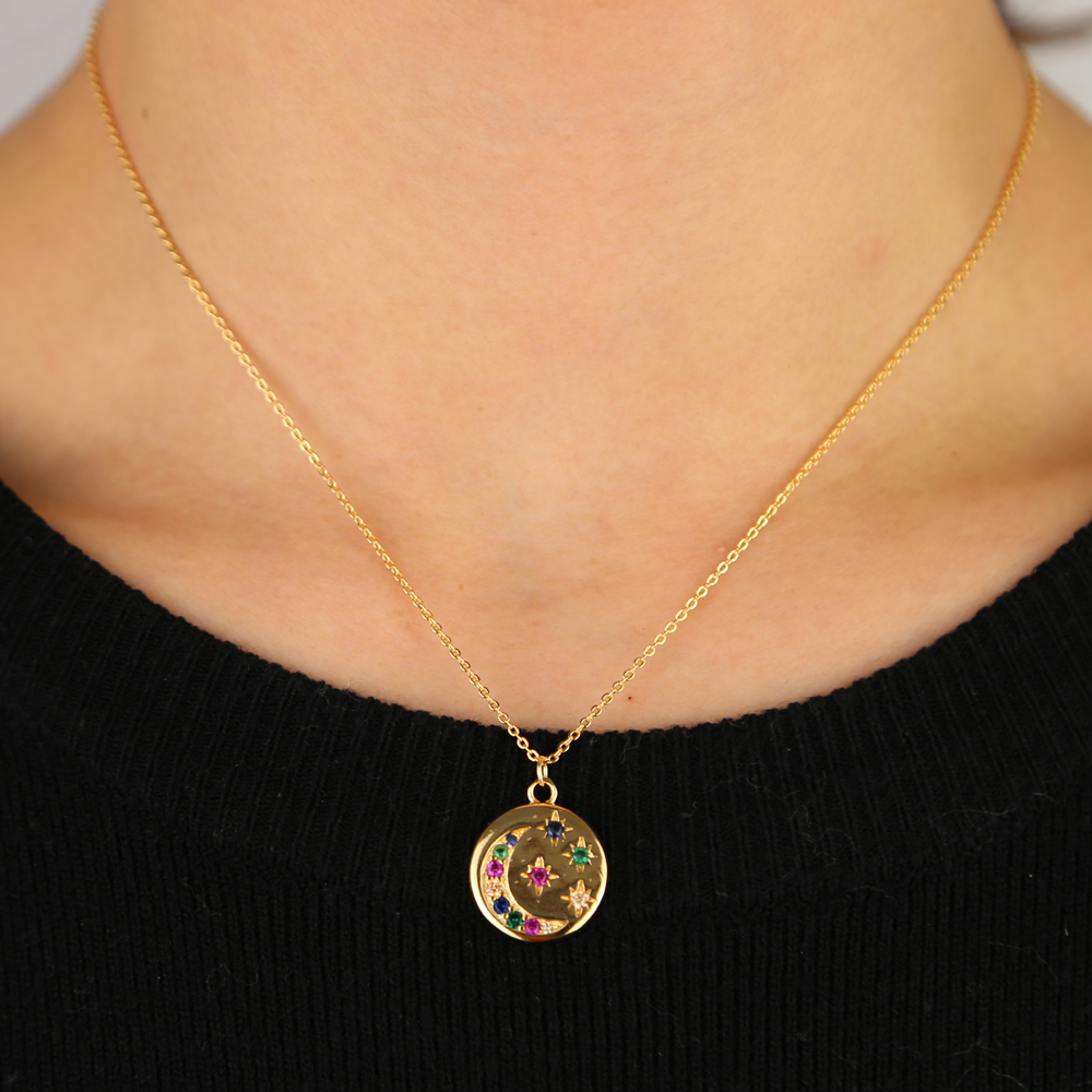 round disco coin necklace gold plated engraved white rainbow cz moon star shooting star design fashion necklaces