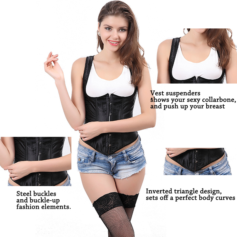 Plus Size S-6XL Women Sexy Black Vest Lace Up Satin Halterneck Underbust Waist Cincher Corset Bustier Body Shaper Gothic Slim Vest Corset