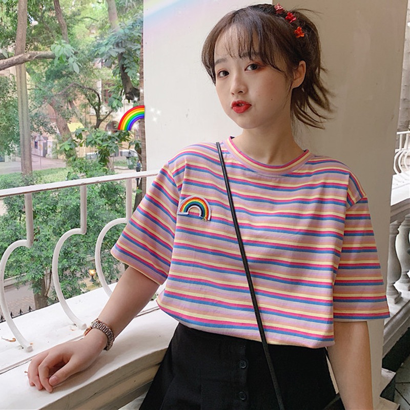 New T Shirt Women Rainbow Striped Tops Tee Harajuku Tshirt Summer Short Sleeve Korean Punk T-shirt camiseta feminina New, White
New T Shirt Women Rainbow Striped Tops Tee Harajuku Tshirt Summer Short Sleeve Korean Punk T-shirt camiseta feminina New, White