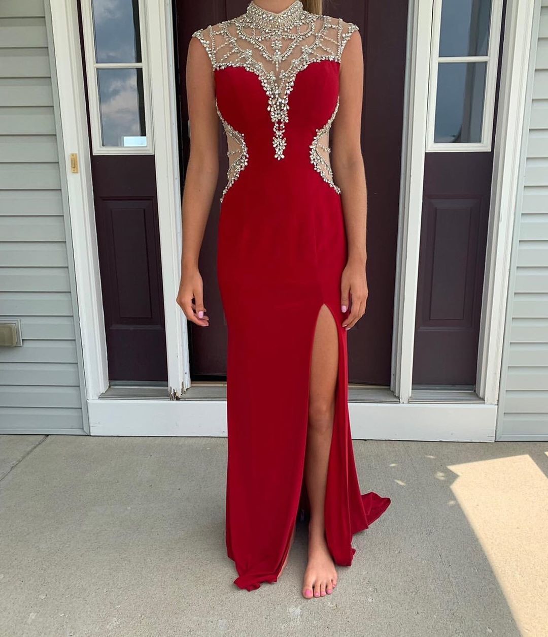 2020 Red Beaded Prom Dresses High Neck Rhinestone Crystal Side Split Long Evening Dress Party Wear Custom Made Formal Occasion Gowns