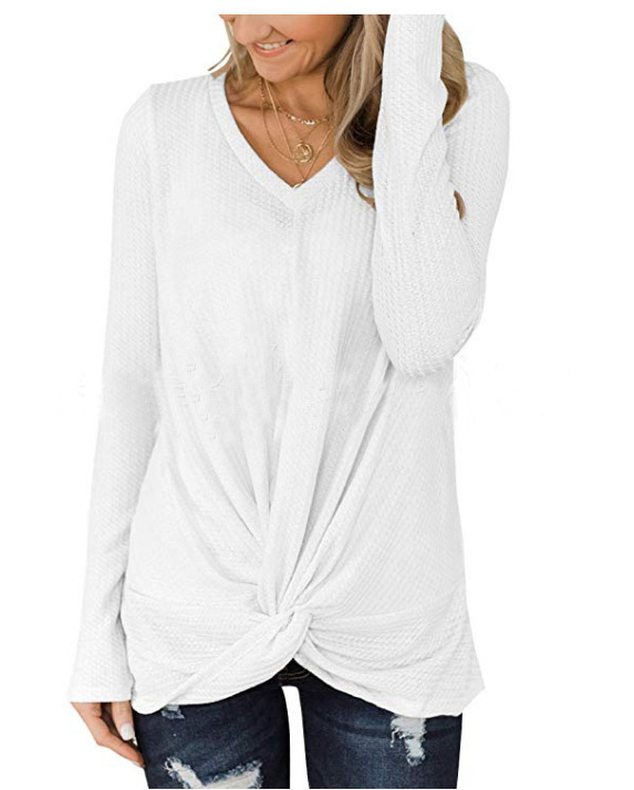 Spot 2021 European spring and summer solid color V-neck long sleeve waffle twisted T-shirt shirt sweater support mixed batch