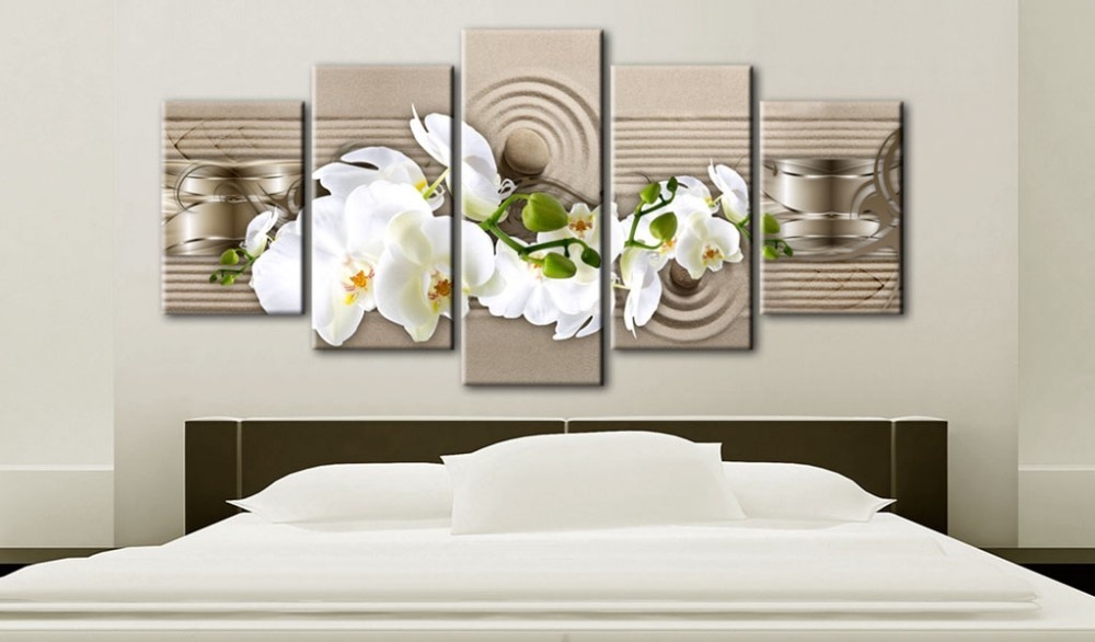 Hd Wall Art Canvas Painting 5 Pieces Zen Orchid Flower Modern Home Decoration,Choose Color(purple,green,red) And Size:3