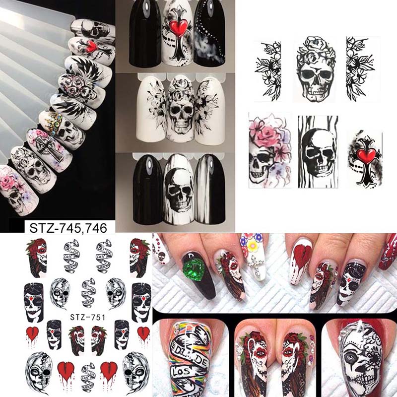Halloween Self-adhesive Nail Sticker Water Transfer Decals for Manicure Nail Art Horror Cool Skull Ghost Pumpkin Decor