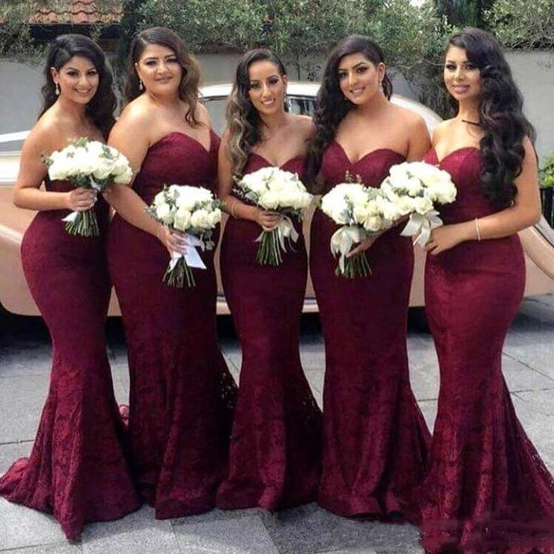 Burgundy Sweetheart Lace Mermaid Bridesmaid Dresses Maid of Honor Wedding Guest Dresess Plus Size Prom Dresses Vestidos