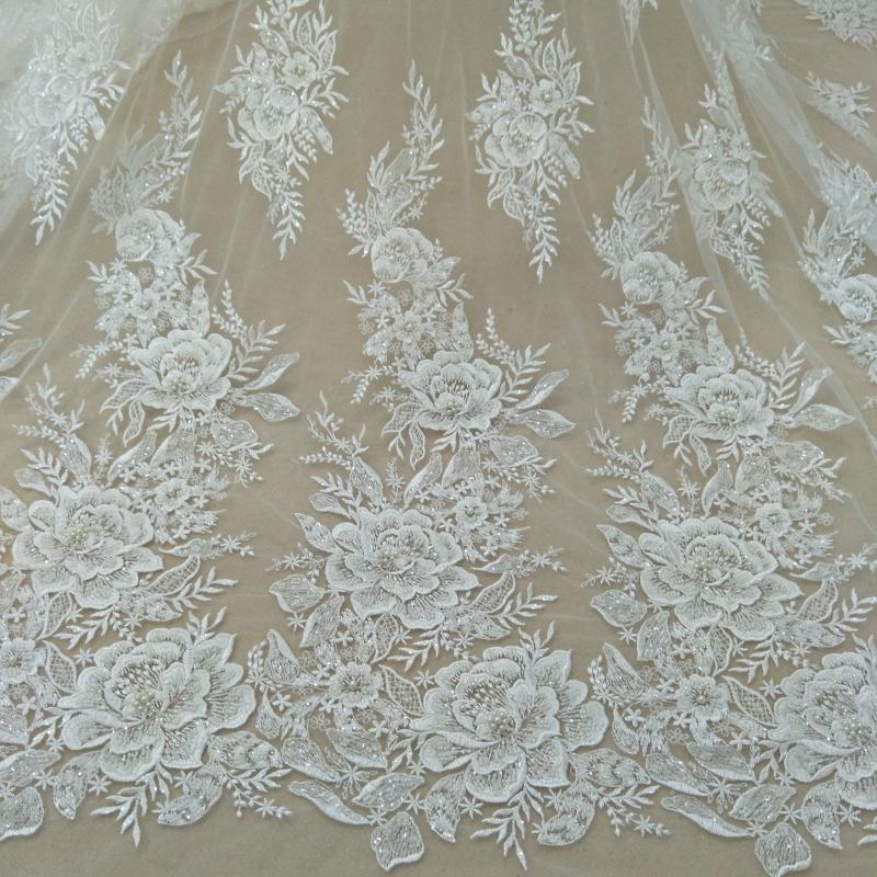 New arrival fashion beading lace fabric 135cm width wedding gown dress ivory lace fabric sell by yard