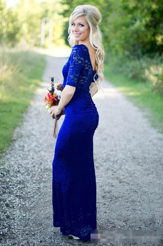 Royal Blue 2019 Lace Mermaid Bridesmaid Dresses With Short Sleeves Scoop Neck Floor Length Backless Maid Of Honor Gown For Country Wedding