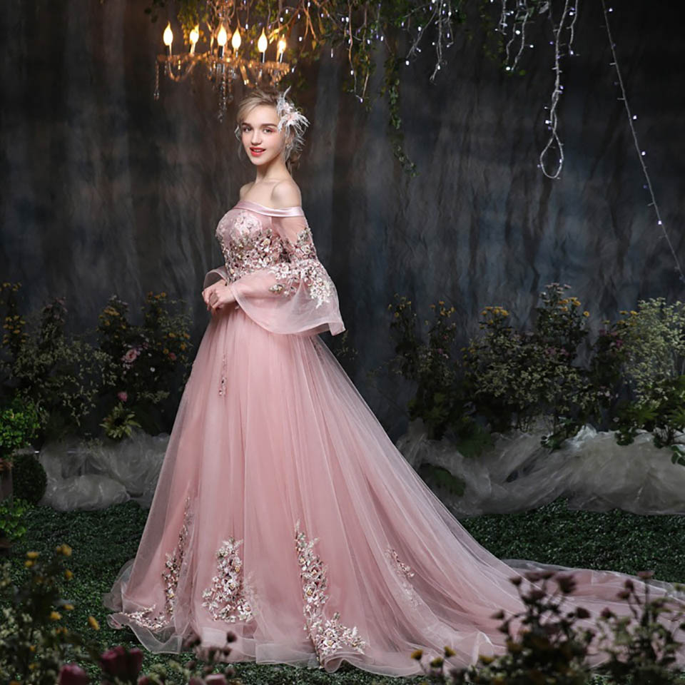 Pink Flowers Floral Illusion Print Lace Up A-line Elegant Evening Dresses Floor Length Party Gown Evening Gowns