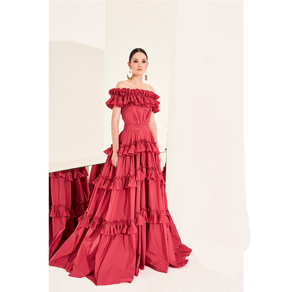 Red Evening Dresses Off Shoulder Tiered Ruffles A Line Prom Dress Backless Party Formal Sweep Train Gowns