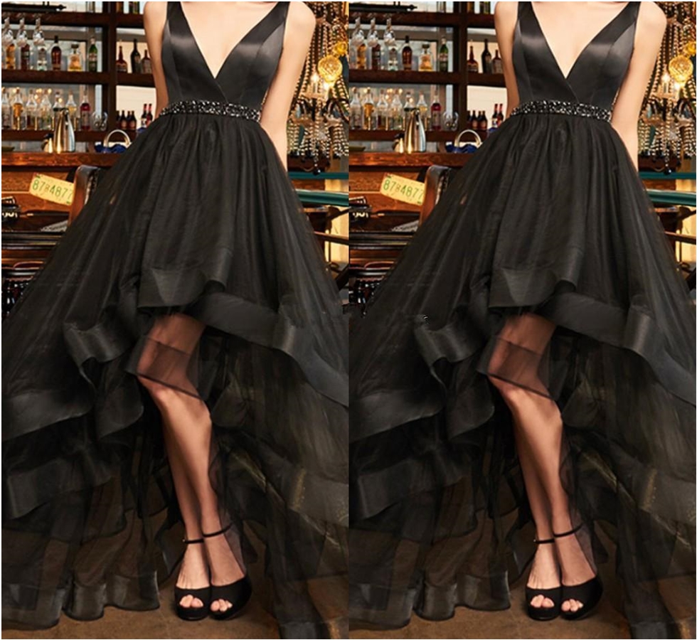 Sleeveless Tulle Hi-Lo Vestidos De Fiesta Sexy Evening Party Gowns Custom Made 2019 Black High Low Prom Dresses With Sashes V Neck