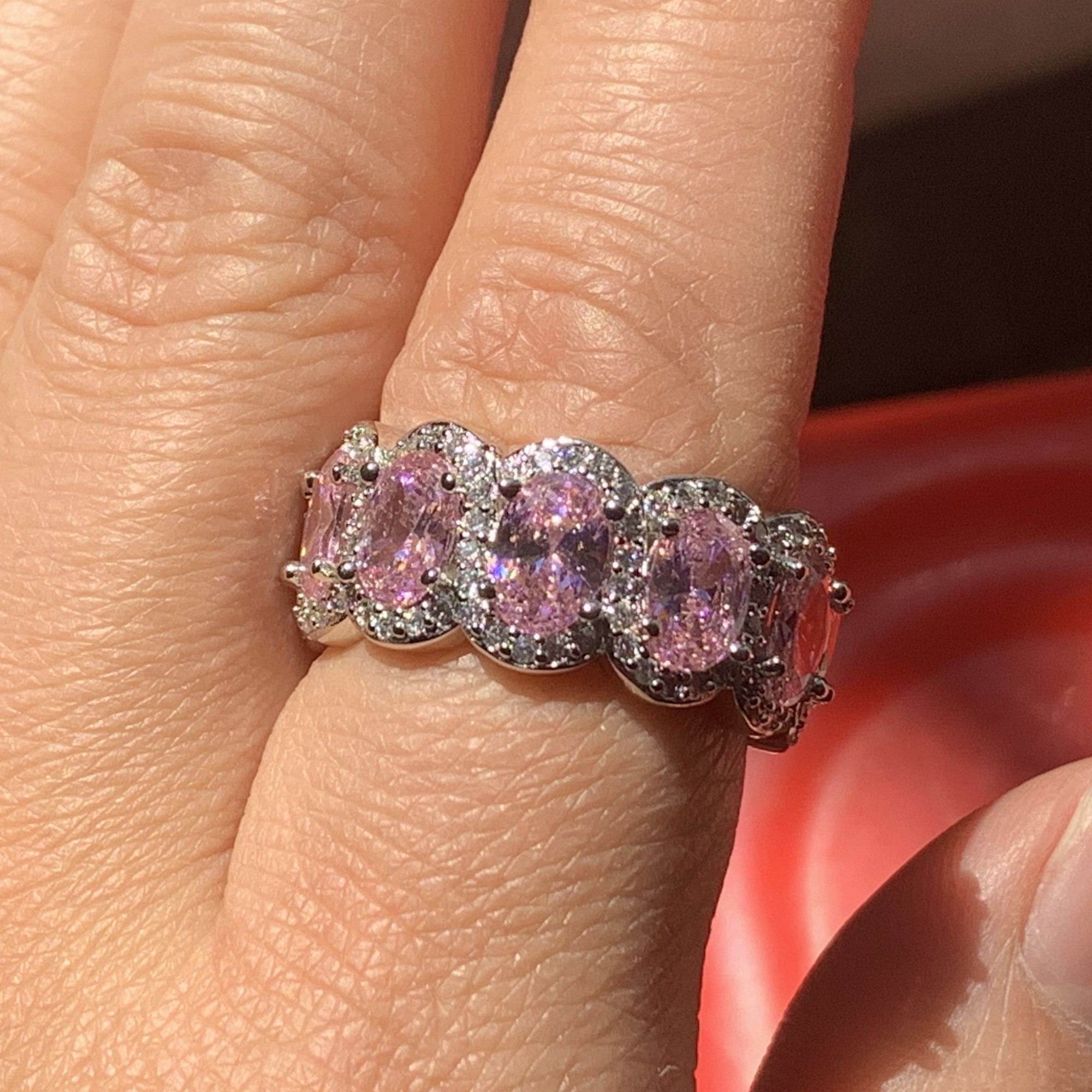 Super Deal Top Selling Stunning Lovers Jewelry 925 Sterling Silver Oval Cut Pink Topaz CZ Diamond Eternity Wedding Band Ring fpr Women Gift