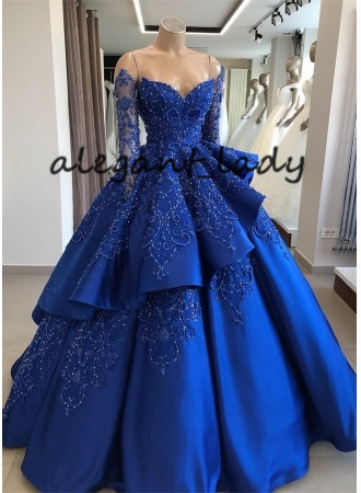 Gorgeous Royal Blue Lace Ruffled Evening 16 Party Debutantes Gowns 2019 Sparkly Beaded Long Sleeve Ball Gown Quinceanera Dresses