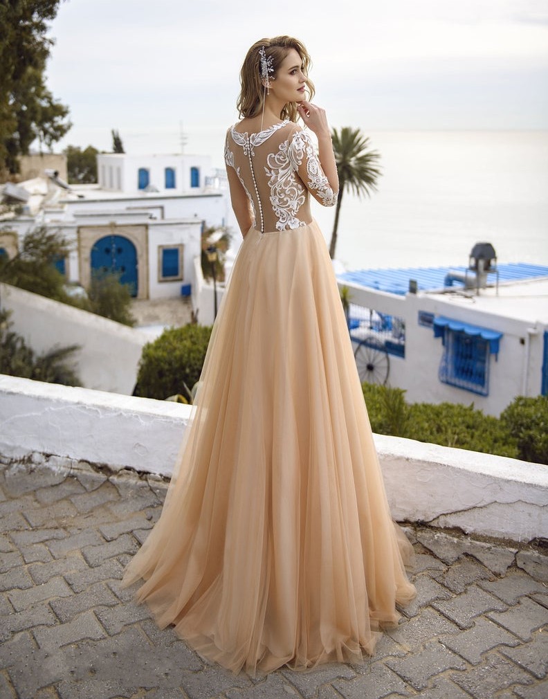 Line Bohemian A Lace Beach Wedding Dresses Sheer Bateau Neck Long Sleeves Bridal Gowns Tulle Floor Length Robe De Marie