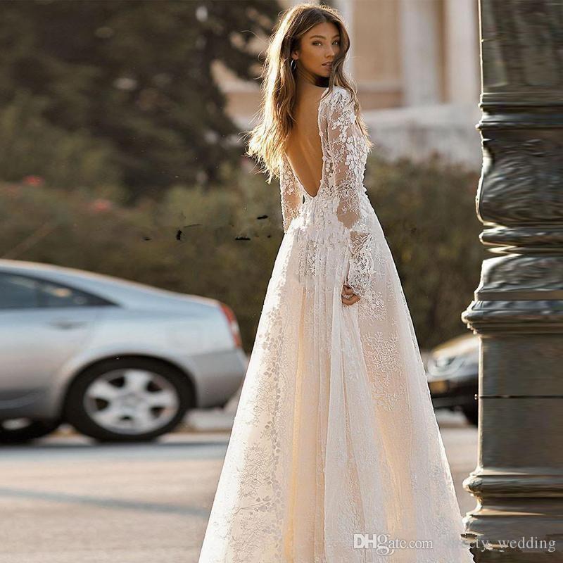 Bohemian A Sexy e Dresses Deep V Neck Lace Applique Long Sleeves Pleats Beach Wedding Dress Bridal Gowns Vestidos De Noiva Boho pplique estidos