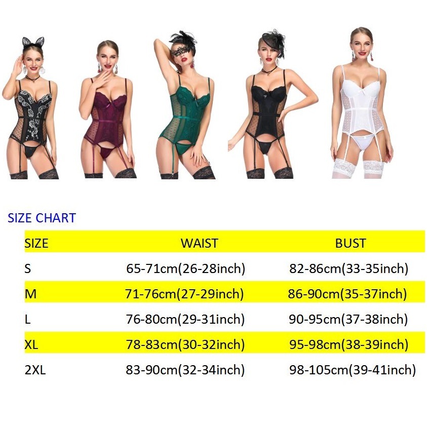 Women sexy Lingerie Bustier Set Basque Temptation Erotic Underwear Transparent Lace Waist trainer Push Up Corset MX200506