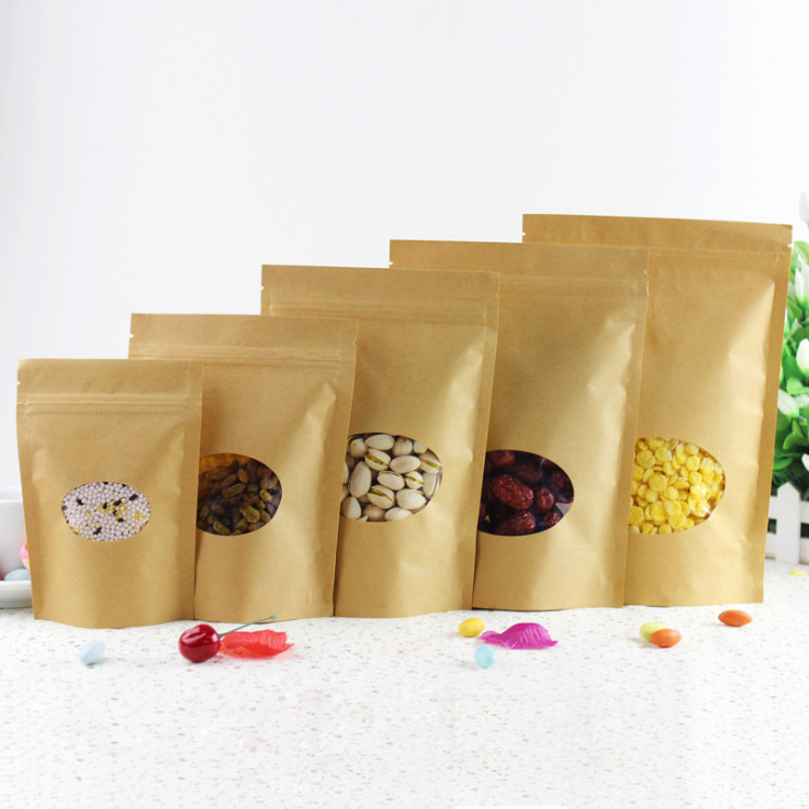 100pcs Thick Stand up Kraft Paper Clear Oval Window Zip Lock Bag Resealable Coffee Powder Snack Cereals Candy Bakery Sugar Gifts Packaging Storage Pou