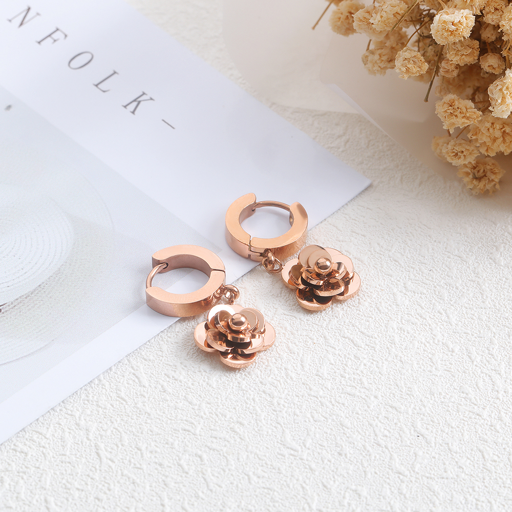 Charm Rose Flower Hoop Earrings Jewelry Rose Gold Plated 316L Stainless Steel Ear Bone Nail Earrings
