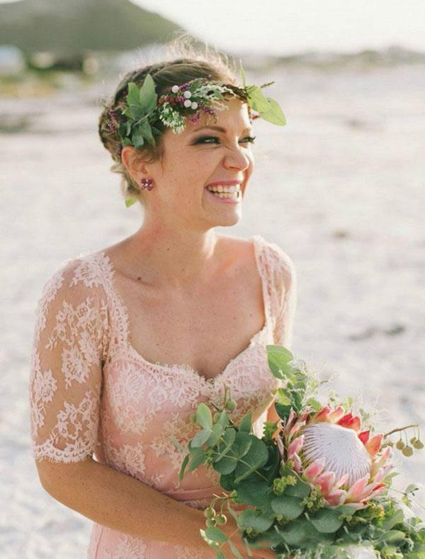 Latest Blush Pink Beach Dresses Lace Garden Bridal Gowns With Sleeve Full Length Backless Boho Vintage Country Wedding Dress 0521