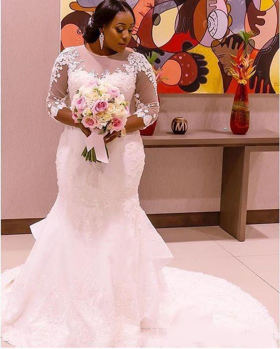 Elegant Plus Size Wedding Gowns Mermaid Long Sleeves Appliques Lace Sheer Mermaid Bridal Dresses Western Maxi Dress For Big Size Brides