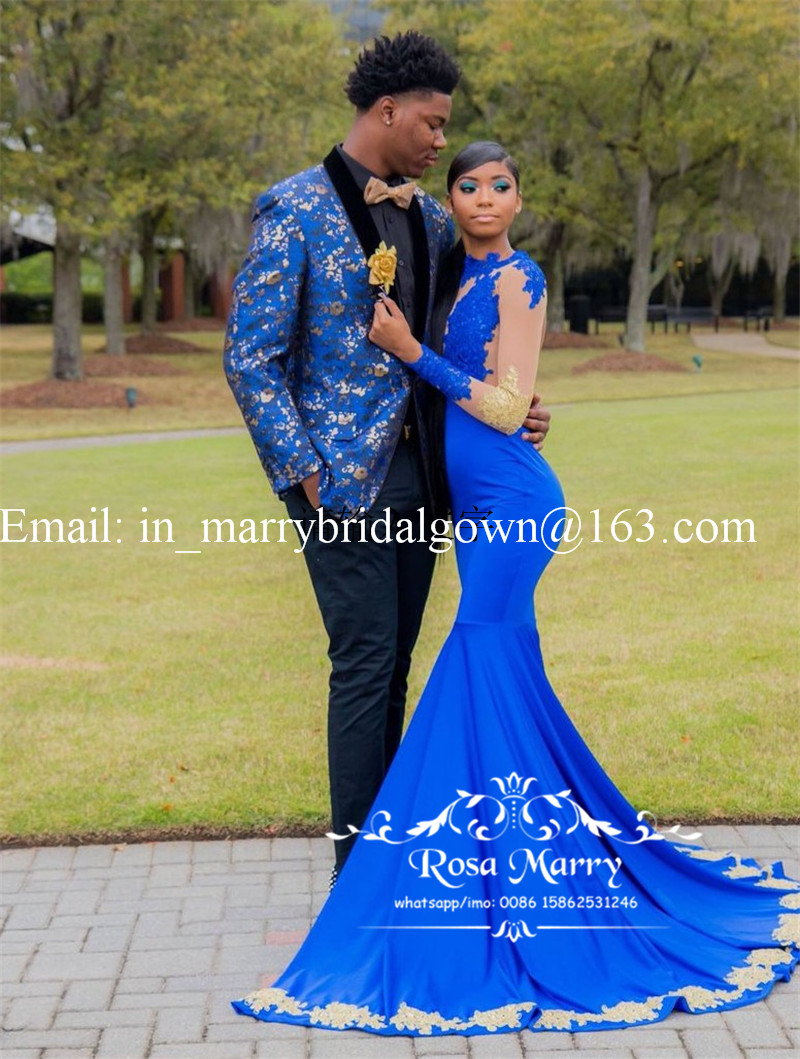 Sexy Royal Blue Mermaid Prom Dresses 2k19 Gold Lace Appliques Long Sleeves Sequined Beaded 2019 African Arabic Girls Graduation Gowns