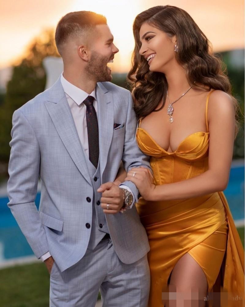Prom Modest Gold Dresses Satin Spaghetti Straps Ruched Overskirt Sweep Train Side Slit Custom Made Evening Gown Celebrity Paty Formal Wear 6660306