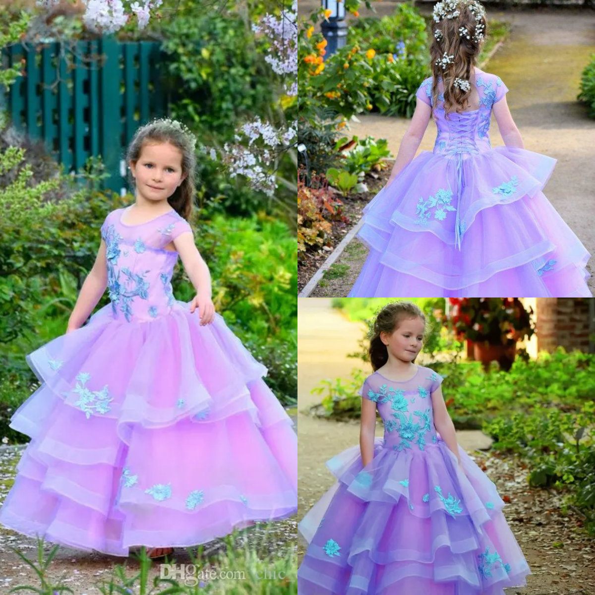 Purple Flower Girl Dresses Jewel Neck Tiered Skirts Floor Length Short Sleeves A Line Girls Pageant Dress Custom Made Kids Formal Dress