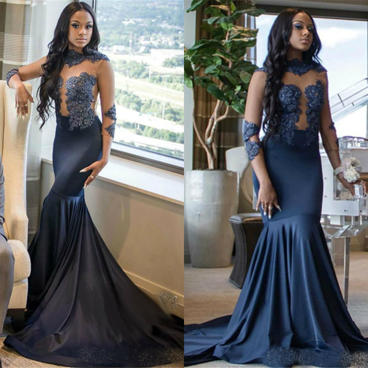 Navy Blue Mermaid Prom Dresses Jewel Neck Sheer Long Sleeve Lace Applique Beaded African Formal Party Gowns Slim Fit Sexy Evening Dresses
