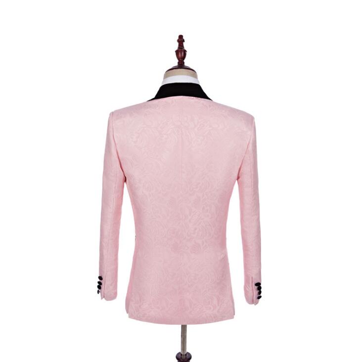 Burgundy Printed Wedding Tuxedos Shawl Lapel Wine One Button Groom Men Suits Wedding Prom Dinner BestMan Blazer(Jacket+Bow+Vest+Pants)