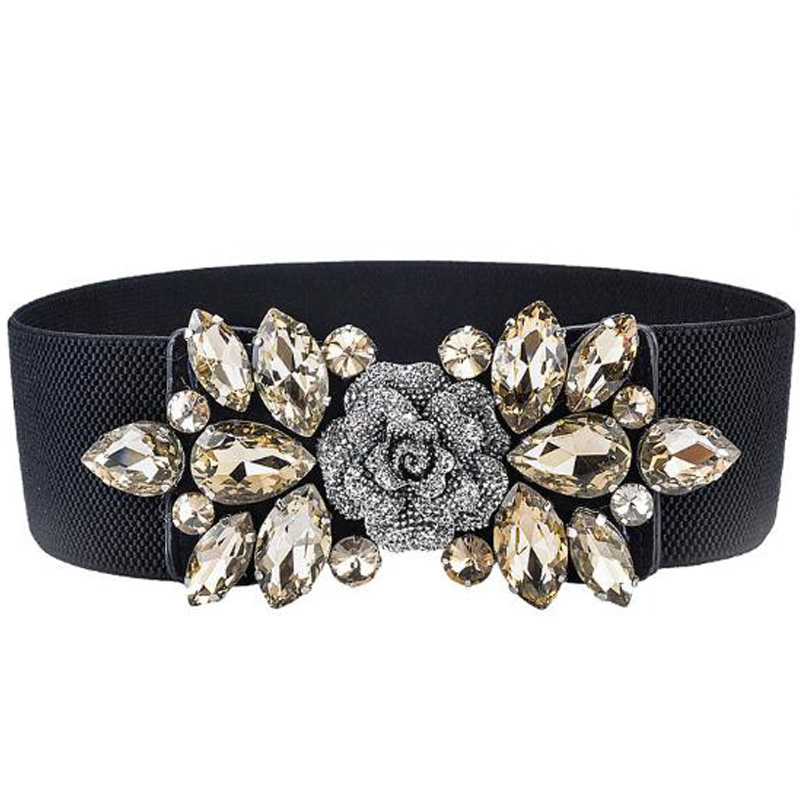 Fashion Elastic Stretch Women's Belt Flower Rhinestone Wide Belt Ladies Decorative Skirt Accessories