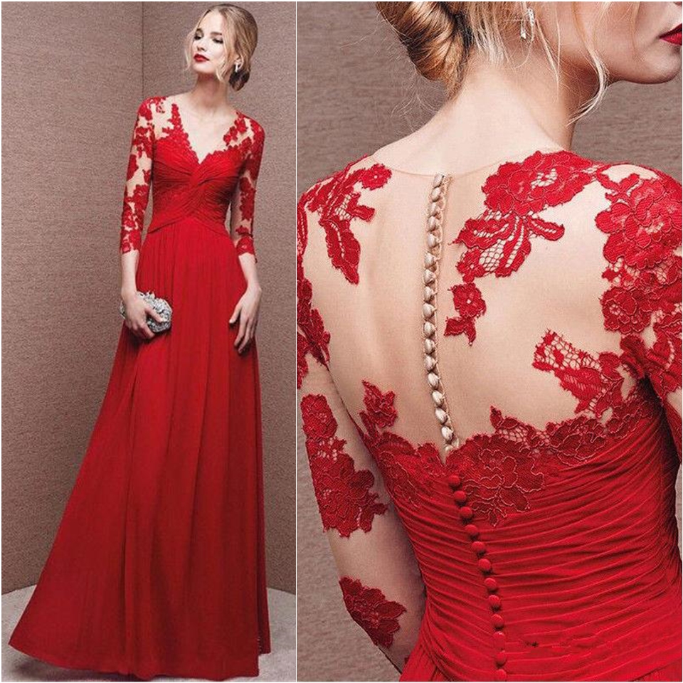 Long Sleeve Party Prom Dresses Sexy V Neck Zipper Red Chiffon Sex High Split Appliques Long Evening Dresses ED1218