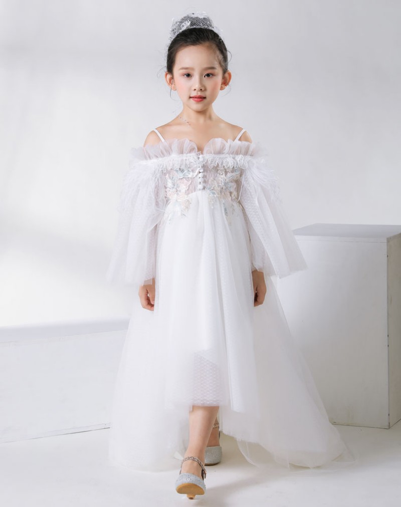 Lovely A Line Flower Girls' Dresses White Spaghetti Tulle Pageant Dresses Applique High Low Chiffon Dress For Wedding