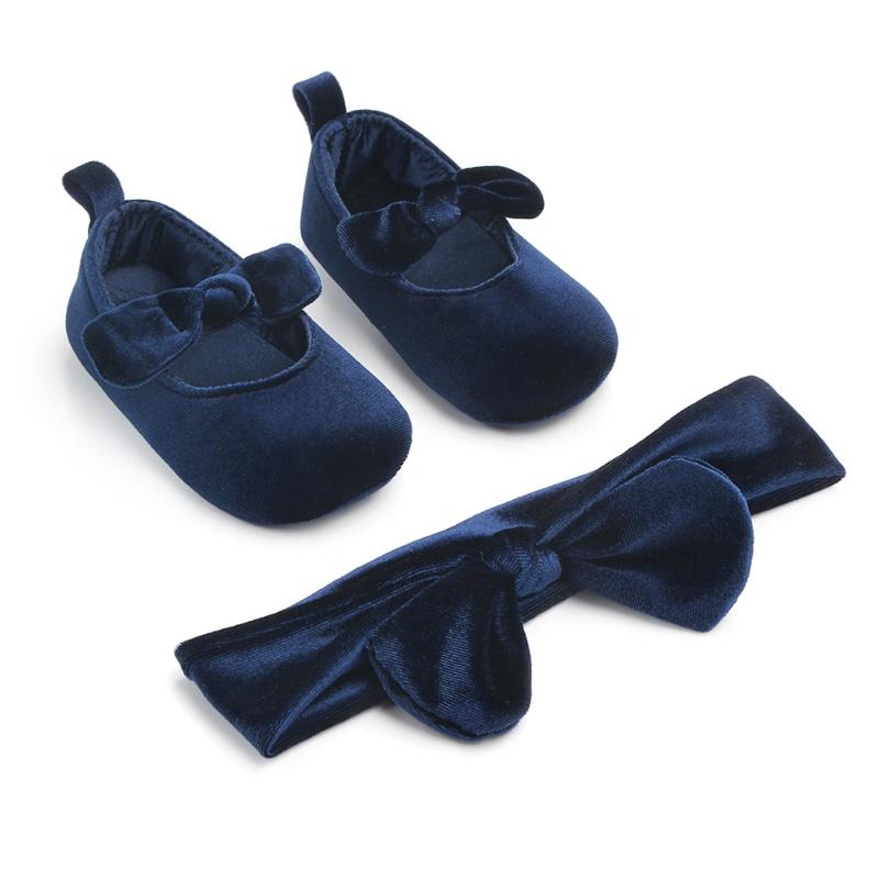 Cute Newborn Baby Girl Gold Velvet Toddler First Walkers Kid Shoes+Hairband Baby Girl Birthday Party Shoes