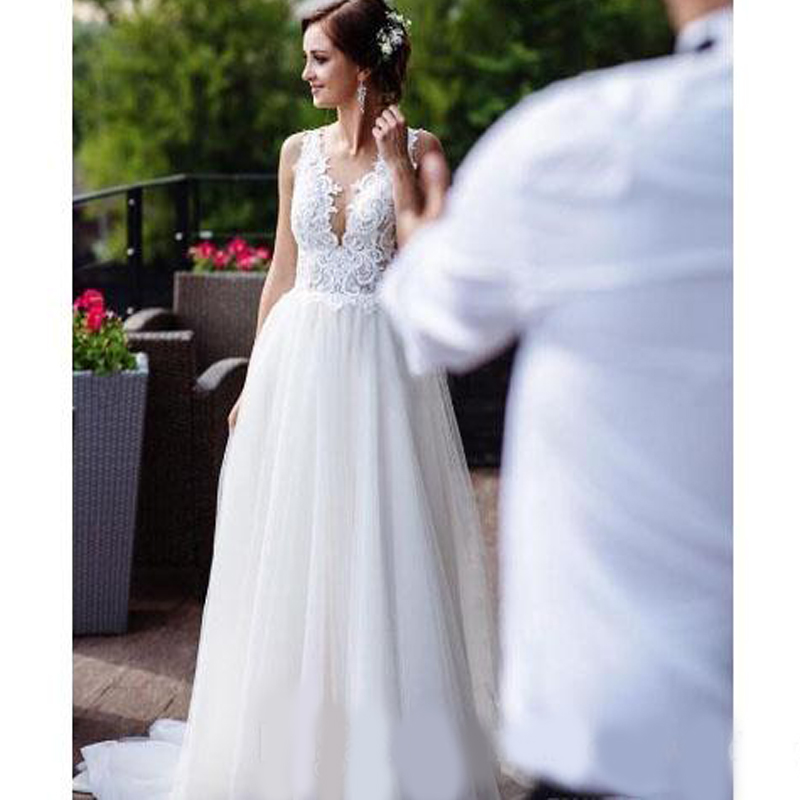 Wedding Dresses V Neck Backless Sweep Train Appliques Beads Garden Beach Boho Bridal Gowns vestidos de novia Plus Size