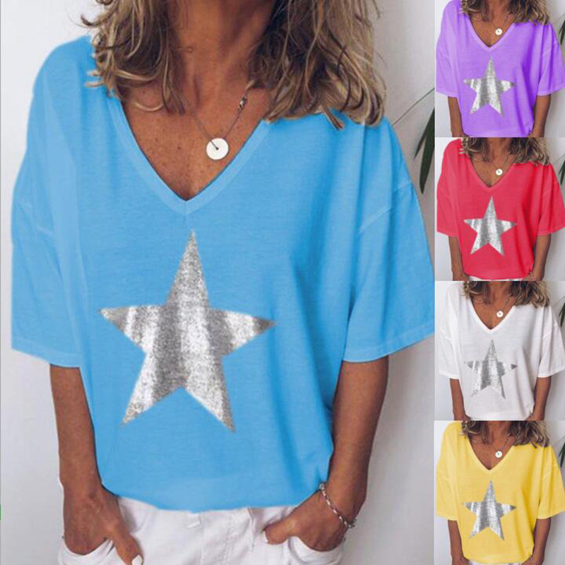 2021 European solid color five-pointed star head V-neck short-sleeved T-shirt black purple red yellow white blue support mixed batch