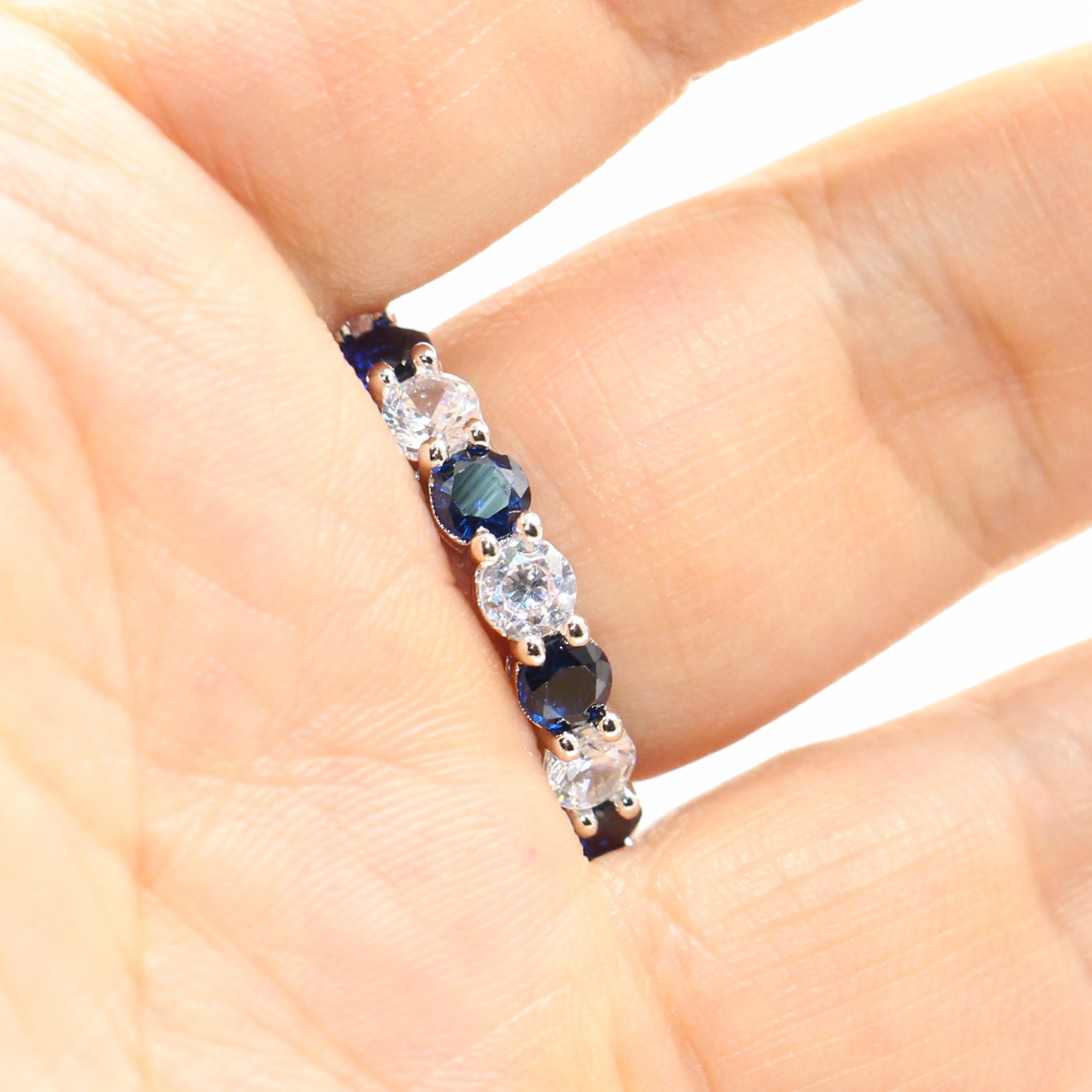 Wholesale Lots of Stock Sparkling Fashion Jewelry Real 925 Sterling Silver Blue Sapphire CZ Diamond Stack Wedding Band Ring for Women Gift