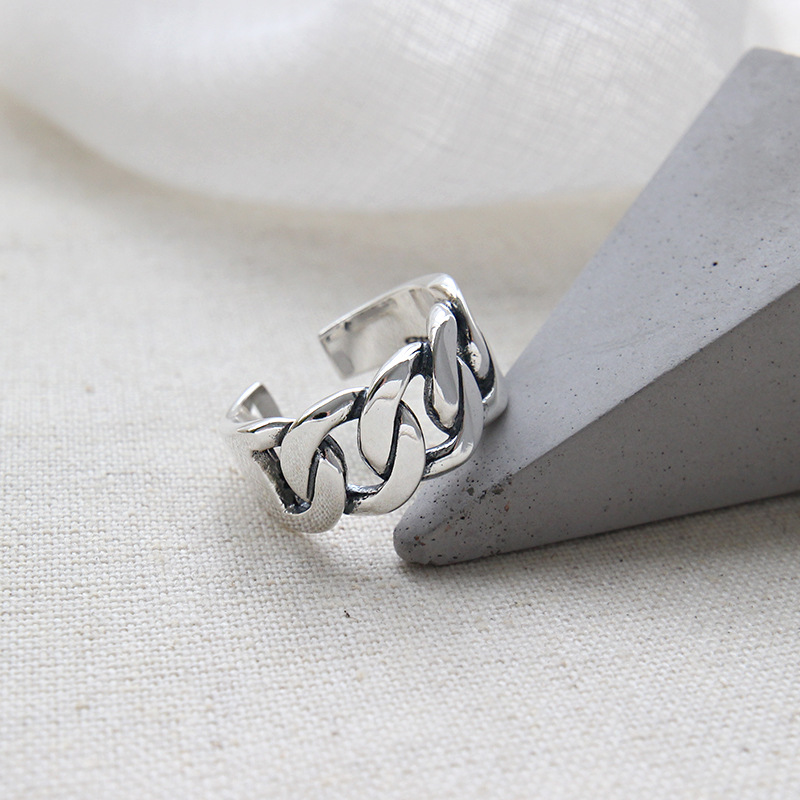 Trending jewelry 925 sterling silver handmade solid antique silver curb link chain classic adjustable ring for men