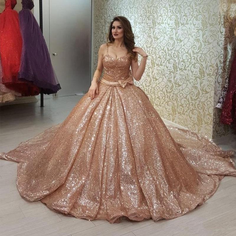 Gold Sequined Quinceanera Dresses Spaghetti Strap Bow Tie Vestido Paete Festa Princess Party Gowns Sweet 16 Prom Dresses