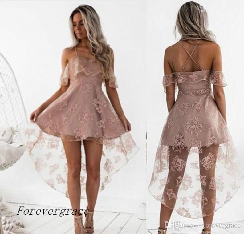 2019 Cute Pale Pink Short Homecoming Dress Vintage High Low Lace Juniors Sweet 15 Graduation Cocktail Party Dress Plus Size Custom Made