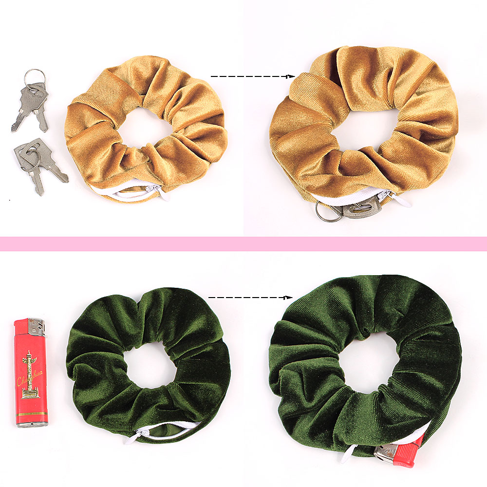Velvet Hair Scrunchies Zipper Women Scrunchy Elastic Hair Bands Girls velour Headwear Ponytail Holder Pleuche Hair Ties Small Bag 0925a
