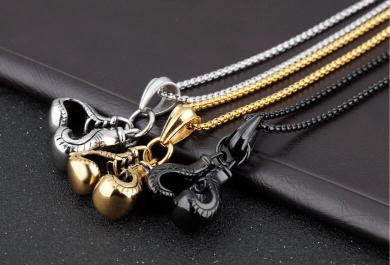 Hot sale Men Jewelry Gold/Black/Silver Double Boxing Glove Pendant Men Necklace Boxing Stainless Steel Pendants Necklaces
