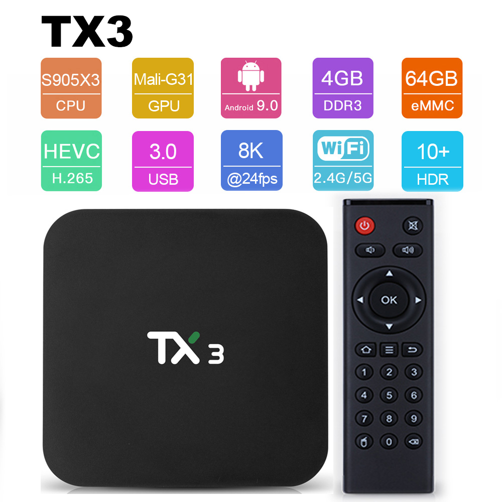 Tanix TX3 Smart TV BOX Android 9.0 Amlogic S905X3 8K Media Player 4GB RAM 32GB 64GB ROM 2.4G/5GHz Dual Wifi BT H.265 Set Top Box
Tanix TX3 Smart TV BOX Android 9.0 Amlogic S905X3 8K Media Player 4GB RAM 32GB 64GB ROM 2.4G/5GHz Dual Wifi BT H.265 Set Top Box