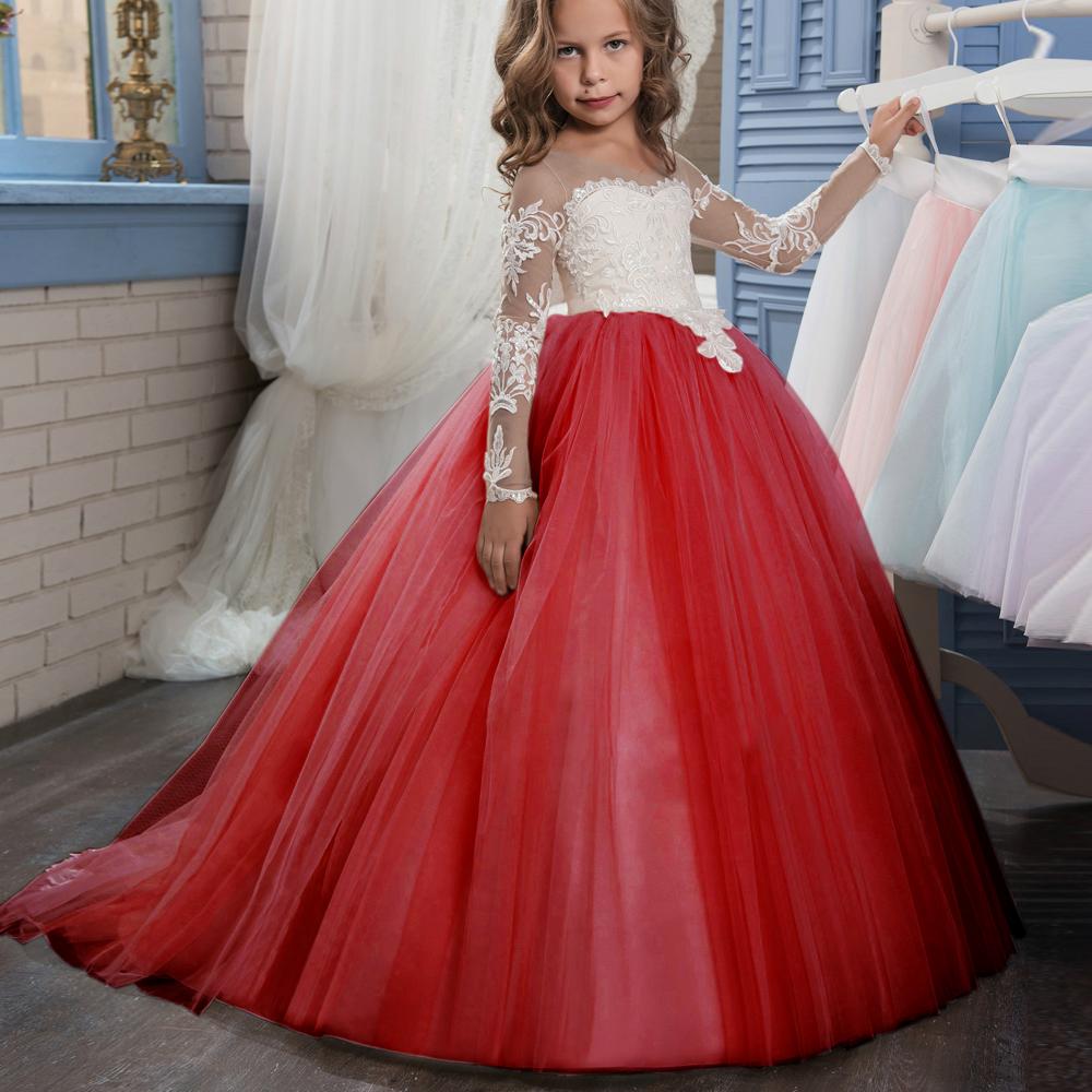 Holy Communion Dresses Ball Gown Long Sleeves Lace Back Button Solid O-neck Flower Girl Dresses Vestido De Daminha New Arrival