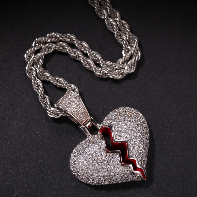 Iced Out Broken Heart Pendant Necklace For Mens Womens Fashion Hip Hop Gold Silver Necklaces Jewelry