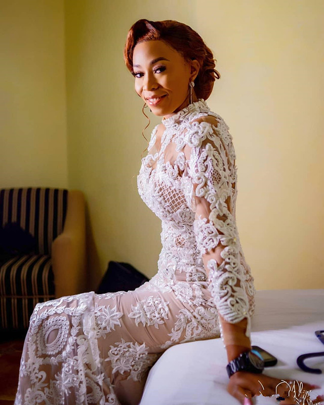 Illusion Mermaid Long Sleeve Wedding Dresses 2020 High Neck Aso Ebi Lace Applique African Muslim Bride Trumpet Wedding Gown
