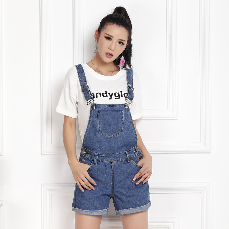 Women's Rolled-up Denim Shortalls Fashion Overall Loose Fit Plus Size Washed Blue Denim Short Jumpsuit with Pockets 28-42