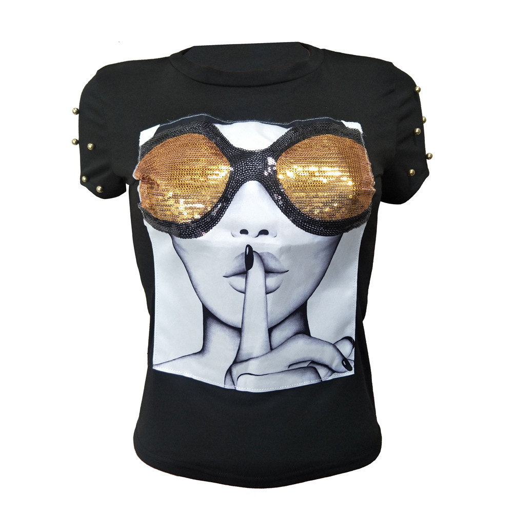 Summer Sexy T shirt Women Short Sleeve Sequins Shirts Women O-Neck Black Top Tee Women Clothing