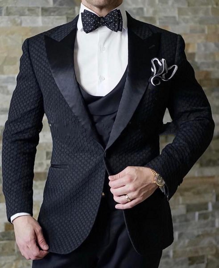Fashion Groom Tuxedos Wave point Ivory/Black Groomsmen Mens Wedding Dress Man Jacket Blazer Business Suit(Jacket+Pants+Vest+Tie)1665