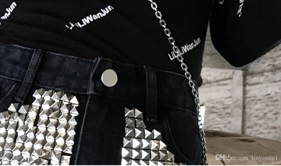 2020 Rivet beading denim shorts female high waist hollow cut hole denim shorts with strap street style hot shorts