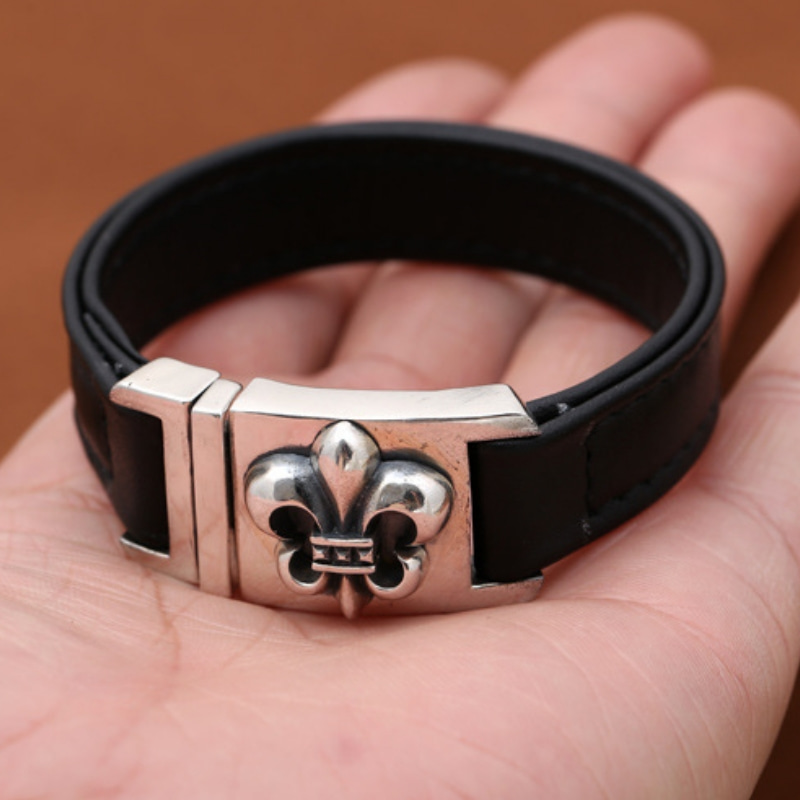 Brand new 925 sterling silver vintage handmade jewelry American European style leather band antique silver anchor charm clasp mens bracelets