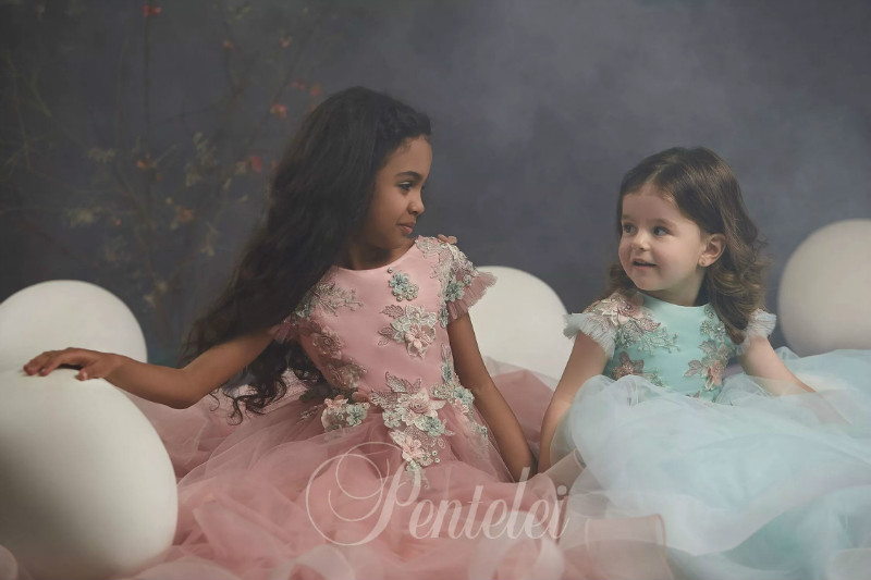 Dreamly A Line Girl Dresses Jewel Short Sleeve Lace Applique Hand Made Flower Pageant Dress Floor Length Girl's Birthday Part 0431